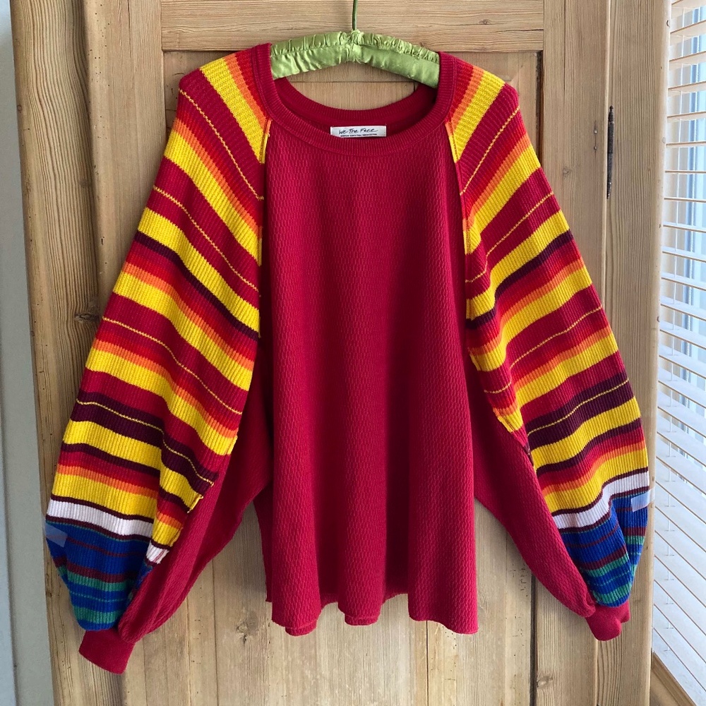 WE THE FREE by FREE PEOPLE Oversized Knit Top, Red with Multi Stripes, Size M